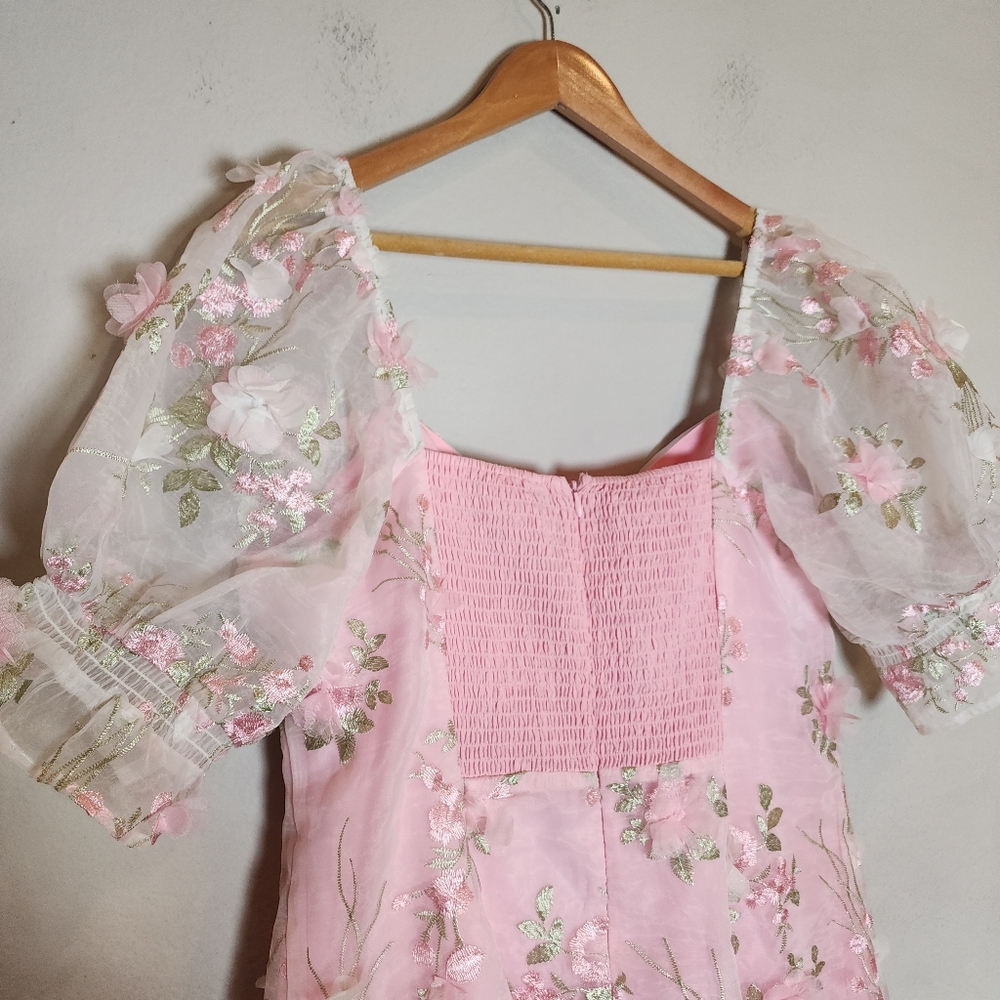 Sugar Thrillz 3D Floral Pink Green Puff Sleeve Mini Dress Size 1X Fairy Coquette - Picture 13 of 16